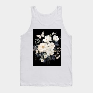 Elegant White Florals and Butterfly on Black - Botanical Ar Tank Top